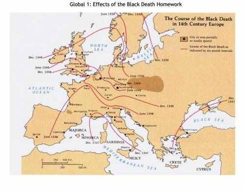 The map shows that the Black Death

(1) began in England and Ireland and then spread eastward
(2)