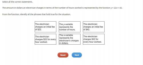 Select all the correct statements.

The amount in dollars an electrician charges in terms of the n