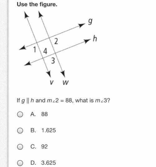 Geometry hw! Pls help! If g || h and m<2=88, what is m<3?