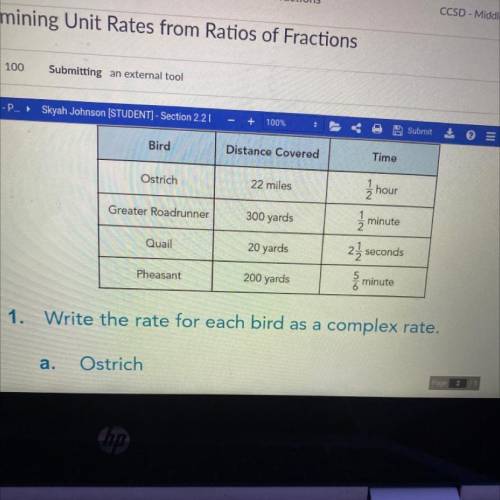 Write the rate for each bird as complex rate ostrich 22miles 1/2 hour