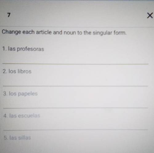 Change each article and noun to the singular form.

1. las profesoras 2. los libros 3. los papeles