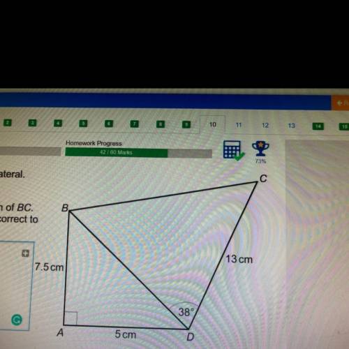 ABCD is a quadrilateral. Work out the length of BC.