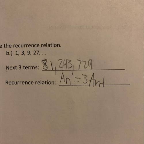 What’s the recurrence relation of 1,3,9,27 
(answer in picture)