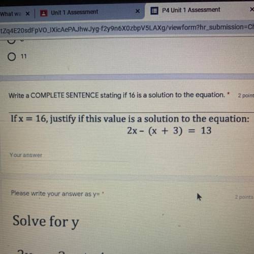 If x = 16,justify if this value is a solution to the equation:2x-(x+3)=13
