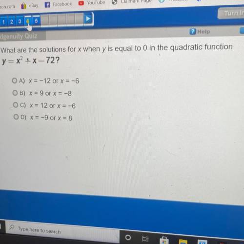 What are the solutions for x when y is equal to 0 in the quadratic function
y= x2 + x - 72?