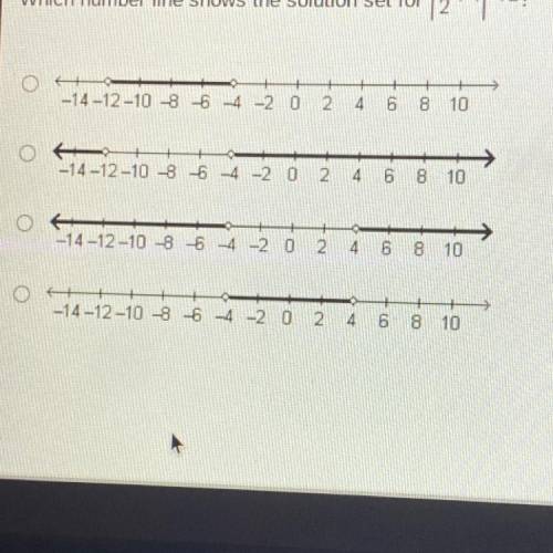 Which number line shows the solution set for

l3+4<22
BU
-14-12-10 -8 -6 -4 -2
0
2
4
6
8
10
-14