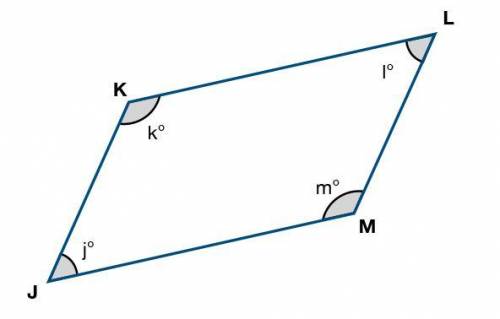 In parallelogram JKLM, what is the relationship between angle j and angle k?

j° + k° = 180°
j° =