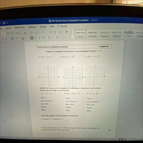 Help plz it’s algebra 2 vertex forms of quadratic function