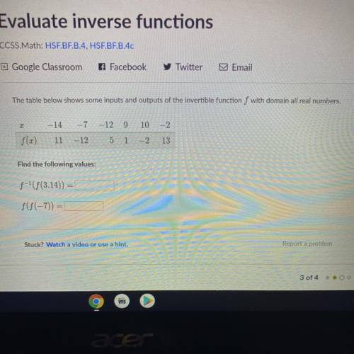 Please help!!!
Find the following values:
F-1(f(3.14))=
F(f(-7))=
