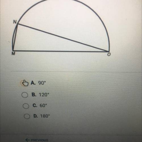 A student inscribed a triangle within a semicircle. What is the measure of angle MNO