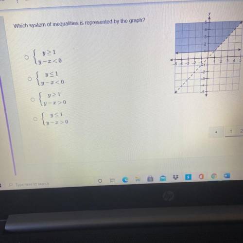 I need help ASAP
Which system of inequalities is represented by the graph?
A, b c or d?