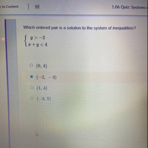 Which ordered pair is a solution to the system of inequalities?

{y>-2
X+y<4
A (0,4)
B(-2, -