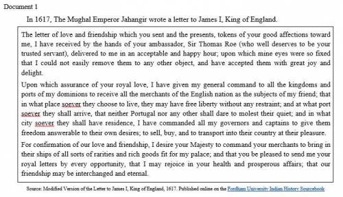 Using document 1, identify Emperor Jahangir’s point of view concerning English merchants in the Mug