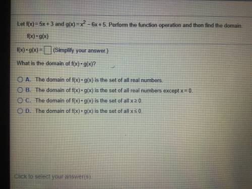 Let f(x)=5x+3 and g(x)=x^2-6x+5. Perform the function operation and then find the domain.