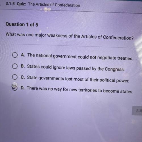 What was one major weakness of the articles of confederation (helppp