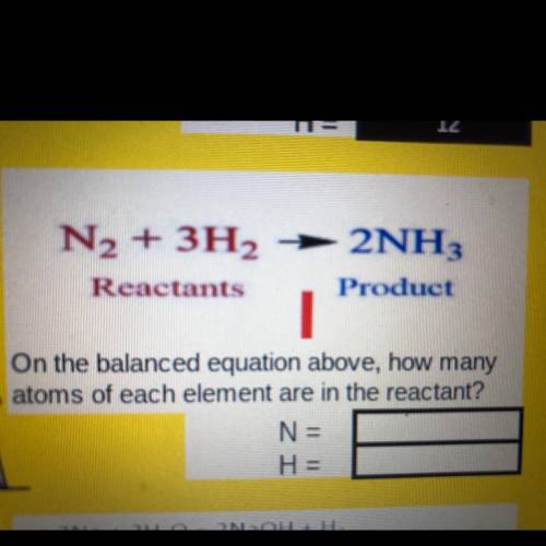 2NH.

N2 + 3H2
Reactants
Product
On the balanced equation above, how many
atoms of each element ar