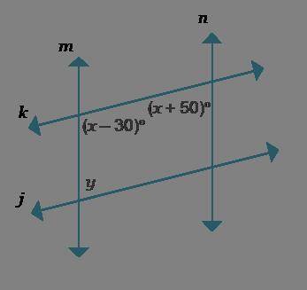 Vertical lines m and n are intersected by lines k and j. At the intersection of lines m and k, the