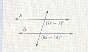 PLEASE HURRY, MARKING BRAINLIEST.

Solve for the value of x that makes lines a and b parallel.