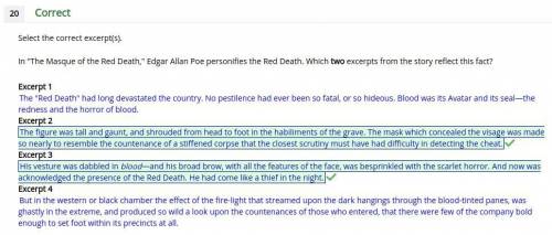 In The Masque of the Red Death, Edgar Allan Poe personifies the Red Death. Which two excerpts fro