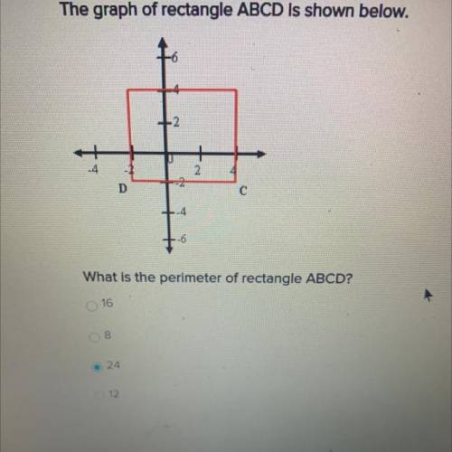 The graph of rectangle ABCD is shown below

What is the perimeter of rectangle ABCD?
16
8
24
12
Sh