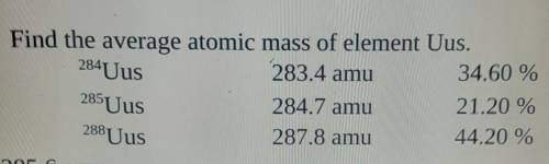 Urgent‼️‼️‼️‼️‼️‼️ Find the average atomic mass of element Uus. 284Uus 283.4 amu 34.60 % 284.7 amu