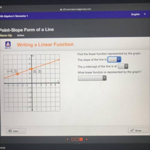 Y

5
Find the linear function represented by the graph.
The slope of the line is
4
(-3,2)
(0,3
The