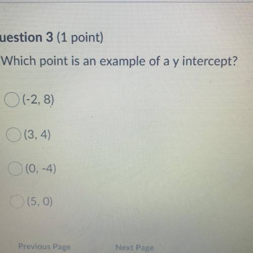 Which point is an example of a y intercept?
A. (-2, 8) B. (3, 4)
C. (0, -4)
D. (5,0)
