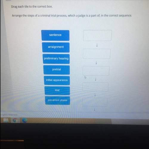 Drag each tile to the correct box.

Arrange the steps of a criminal trial process, which a judge i