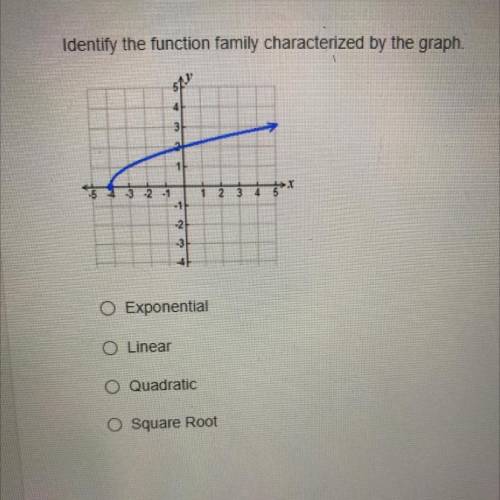Identify the function family characterized by the graph.

Exponential 
Linear
Quadratic 
Square Ro