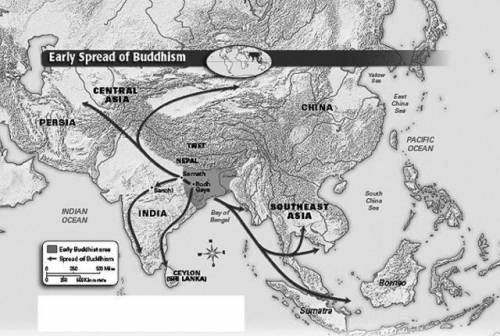 About how far did early Buddhist missionaries have to travel to reach Ceylon?

a.
about 250 miles