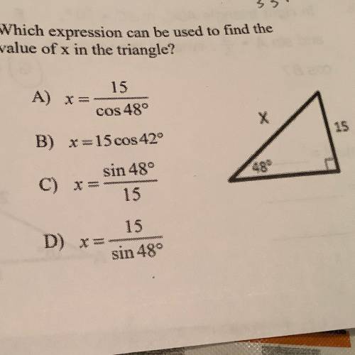 Which expression can be used to find the value of x in the triangle