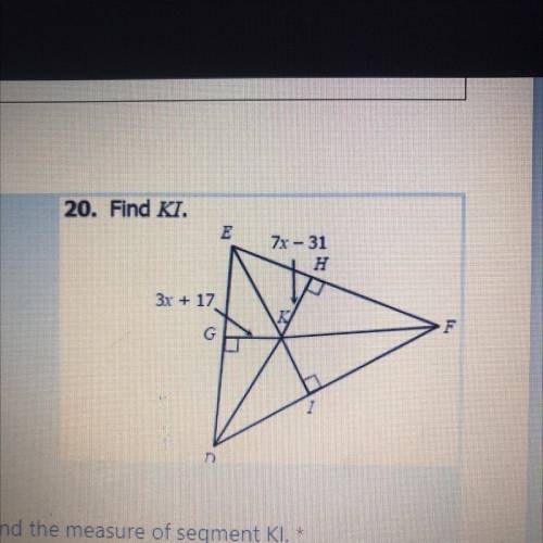Please help = If K is the INCENTER of Triangle DEF, find the measure of segment Kl.
