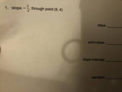 Slope -2/3 through point (9,4) 
Find the : Slope , point-slope,slope-intercept, and standard hbu