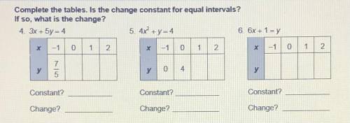 *tap on the image*

Complete the tables. Is the change constant for equal intervals? If so, what i