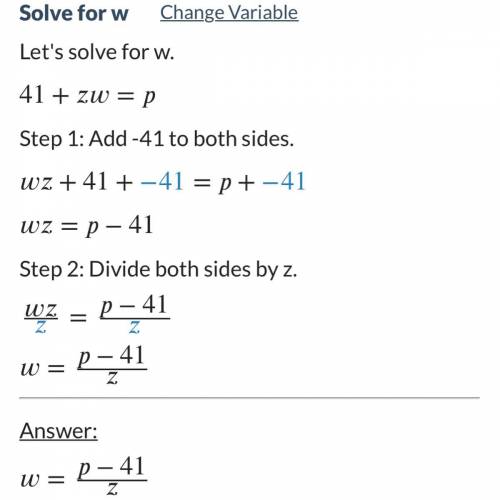 (Solve for w) 41+zw=p