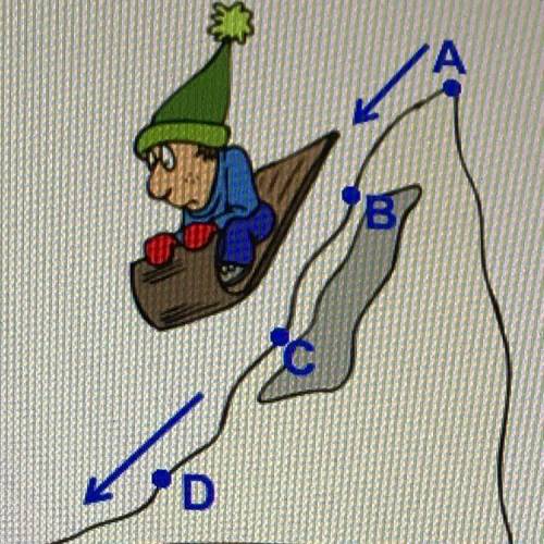 Pablo is sledding down a very steep hill. At which point is pablo kinetic energy is the greatest?
