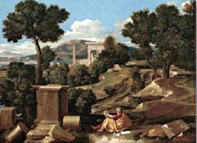 How does Poussin create an orderly progression through perspective in the image above?