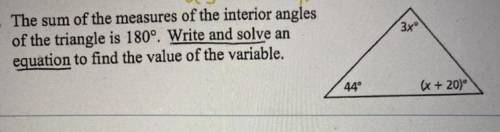 The sum of the measures of the interior angles of a triangle is 180°. write and solve an equation t