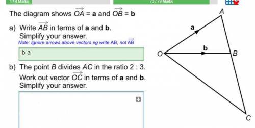 The point B divides AC in the ratio 2 : 3.

Work out vector OC in terms of a and b.
Simplify your