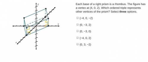 Each base of a right prism is a rhombus. The figure has a vertex at (4, 0, 2). Which ordered triple