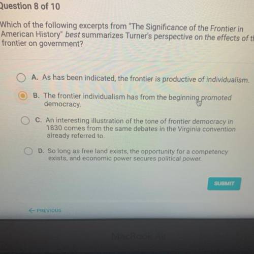 which of the following excerpts from the significance of the frontier in american history best summ