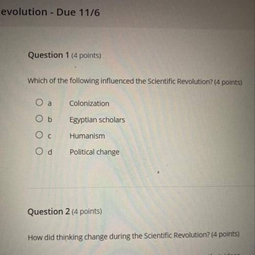 Question 1 (4 points)
Which of the following influenced the Scientific Revolution? (4 points)