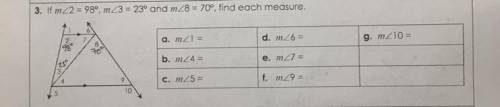 BRAINLIEST

If angle 2 =98°, angle 3 =23° and angle 8 =70°, find each measure (picture included)