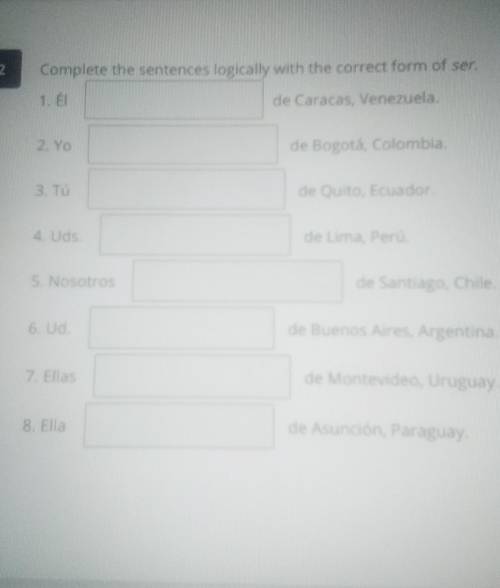 Complete the sentences logically with the correct form of ser

de Caracas, Venezuela 2. Yo de Bogo
