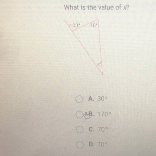 Question 6 of 10
What is the value of x?
100
70
please help!!