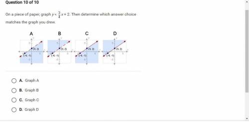 on a piece paper graph y<3/4x+2 then determine which answer choice matches the graph you drew he