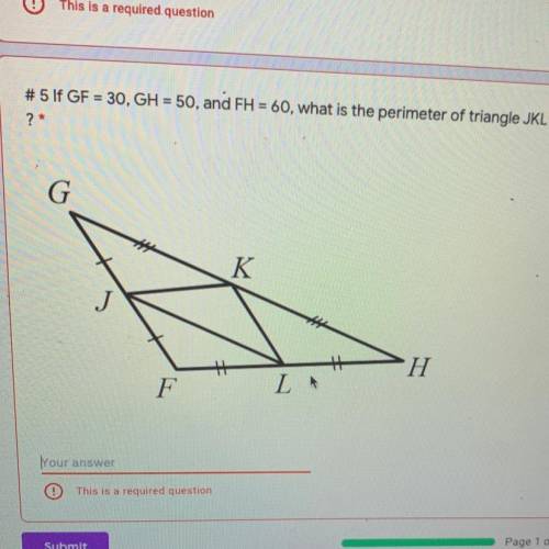 If GF=30 GH=50 FH=60 what is the perimeter of triangle JKL ?