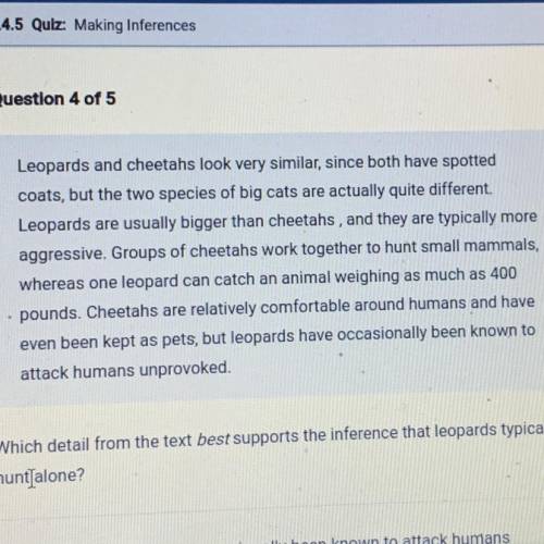 Which detail from the text best supports the inference that leopards typically hunt alone?

O A. l