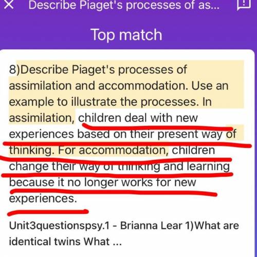 Due: Friday

All changes saved
Describe Piaget's processes of assimilation and accommodation. Use a