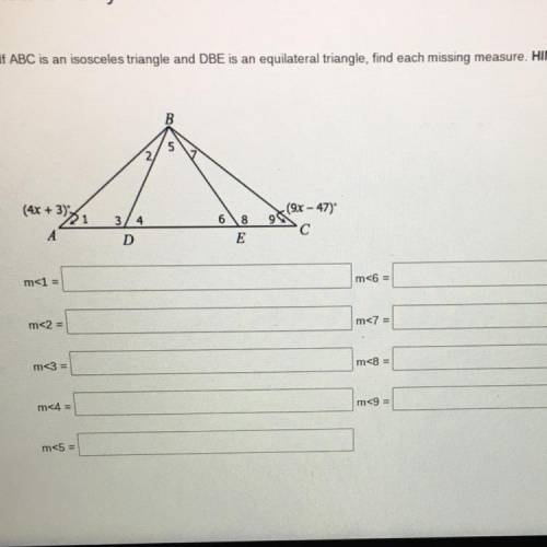 If ABC is an isosceles and DBE is an equilateral triangle, find each missing measure